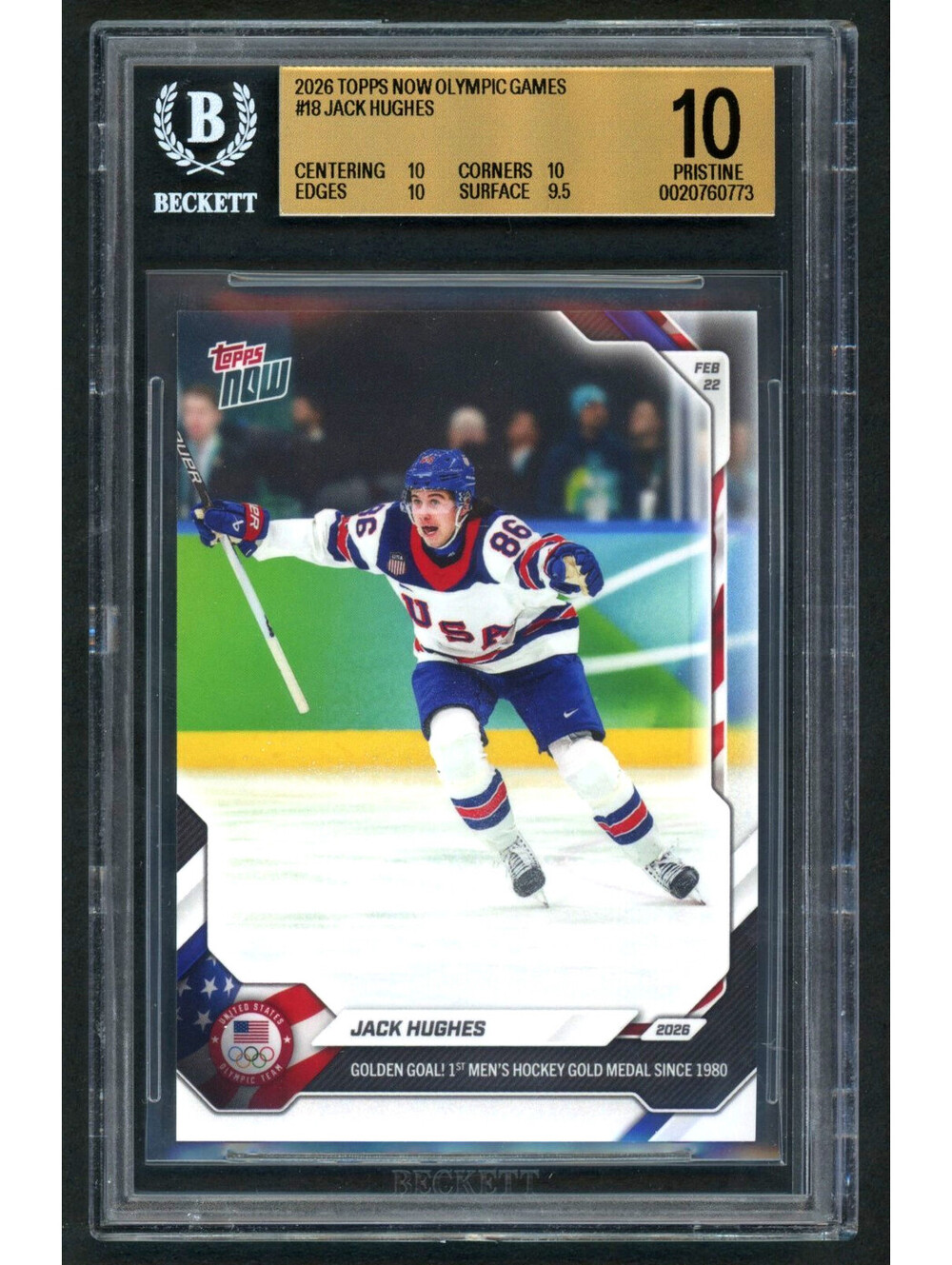 2026 Topps Now Jack Hughes # 18 Golden Goal Team USA Gold Medal BGS 10 Pristine